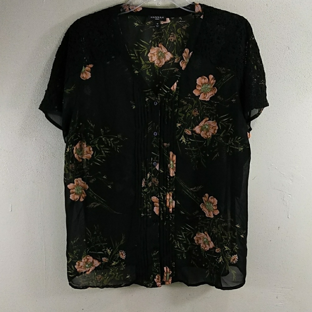 Hannah Black Floral Print Sheer Top with Battenberg Lace Shoulder Accents -1X